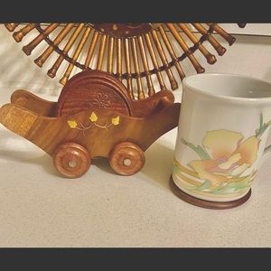 6 Vintage Hand Carved Flower Tea Coasters w/ Cart
